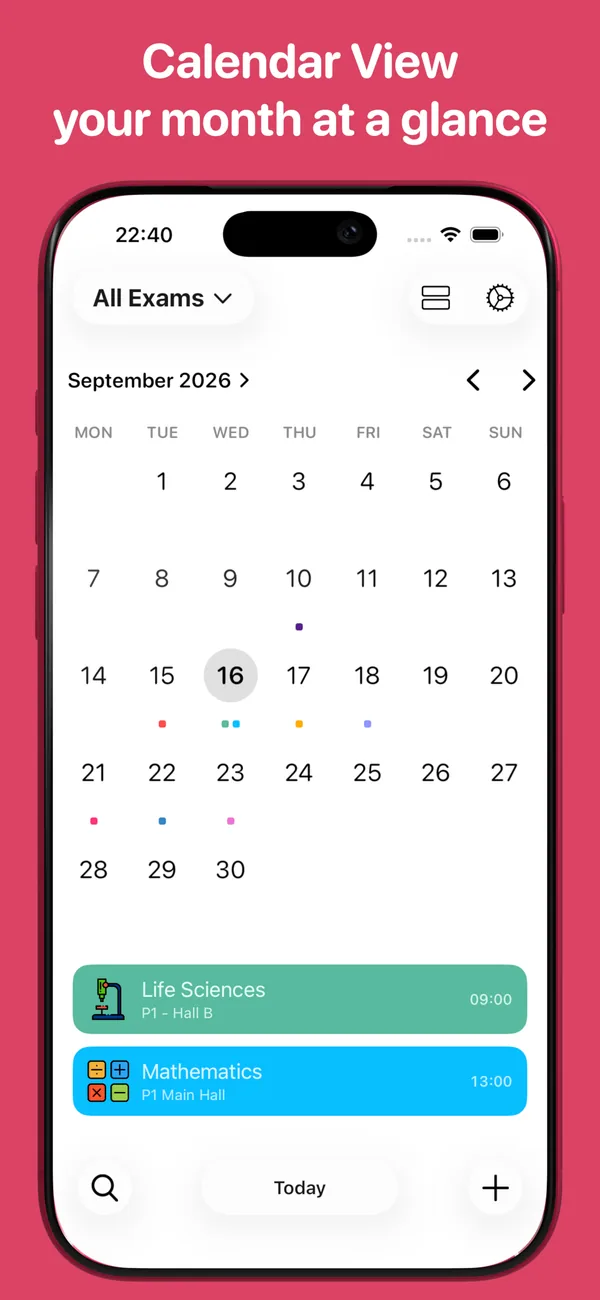 Calendar View showing a September month grid with colour-coded dots on exam days and that day's papers listed beneath