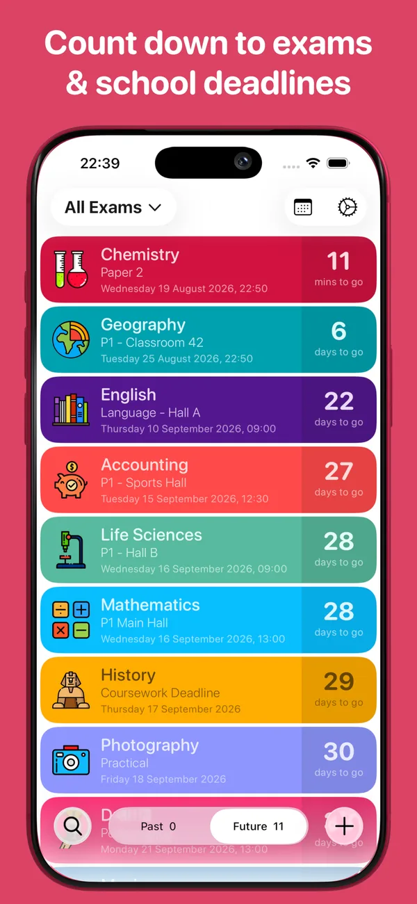The Exam Countdown list showing Chemistry, Geography, English, Accounting, Life Sciences, Mathematics, History and Photography as colour-coded rows, each with the days remaining