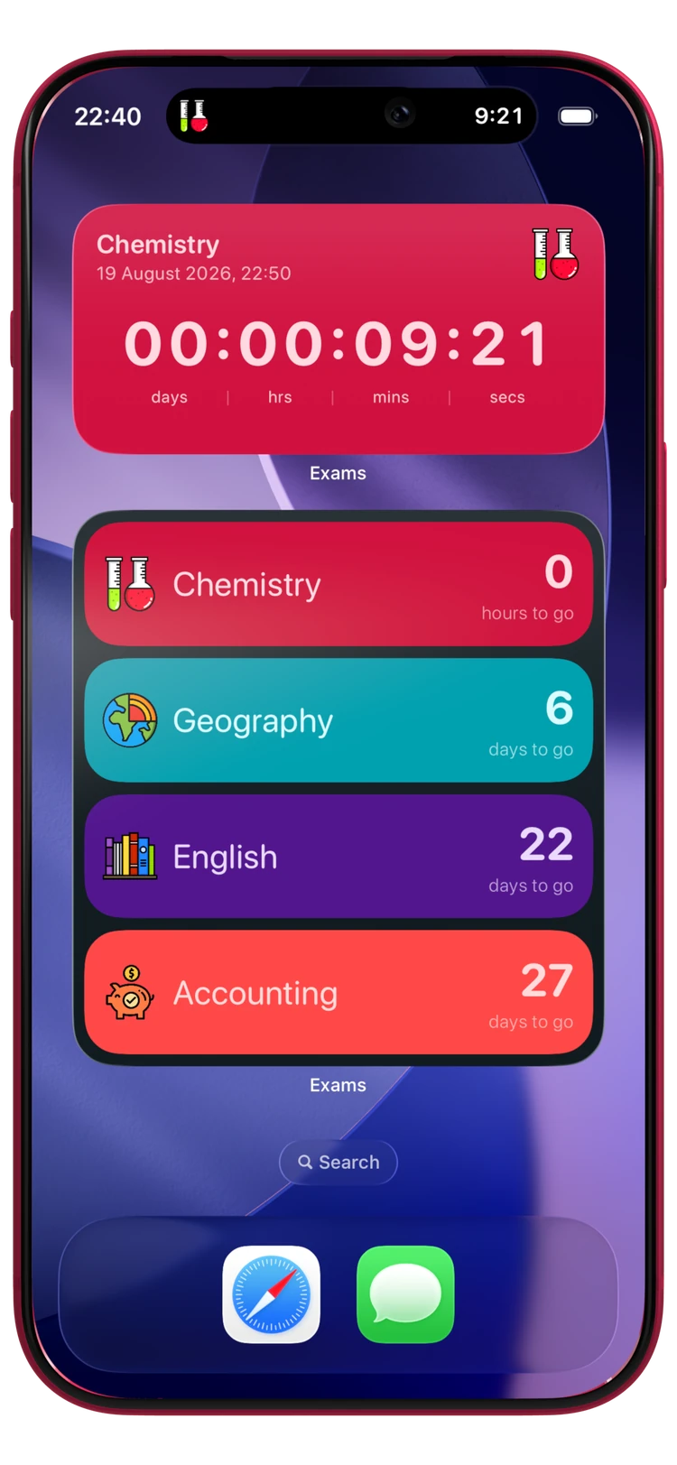 Exam Countdown widgets on an iPhone Home Screen, with a live countdown ticking down to the second and the next four exams listed beneath