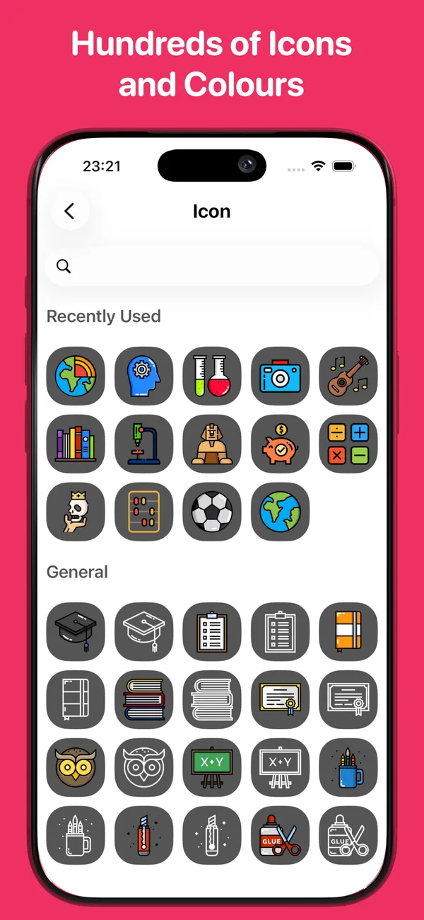 The icon picker showing hundreds of subject icons including beakers, a microscope, a calculator, books, a camera and a graduation cap