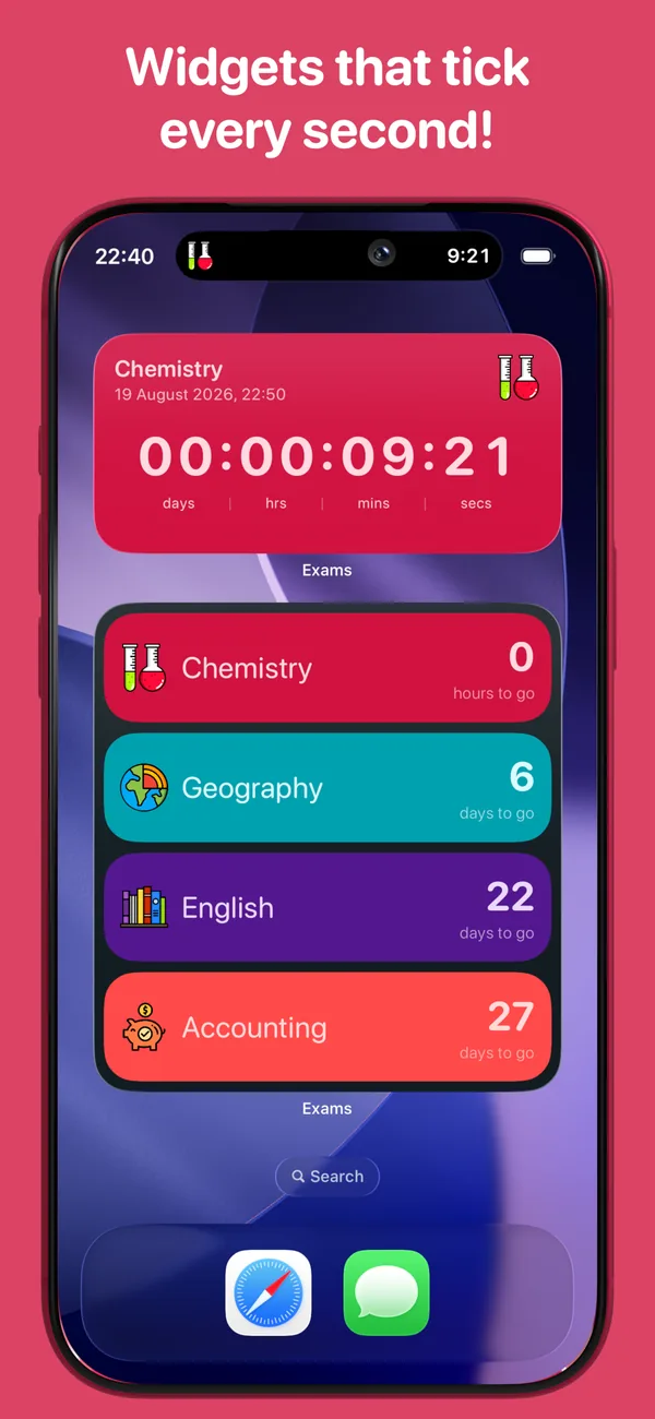 An iPhone Home Screen with a Chemistry live countdown widget reading 00:00:09:21 and a Next 4 Exams widget below it